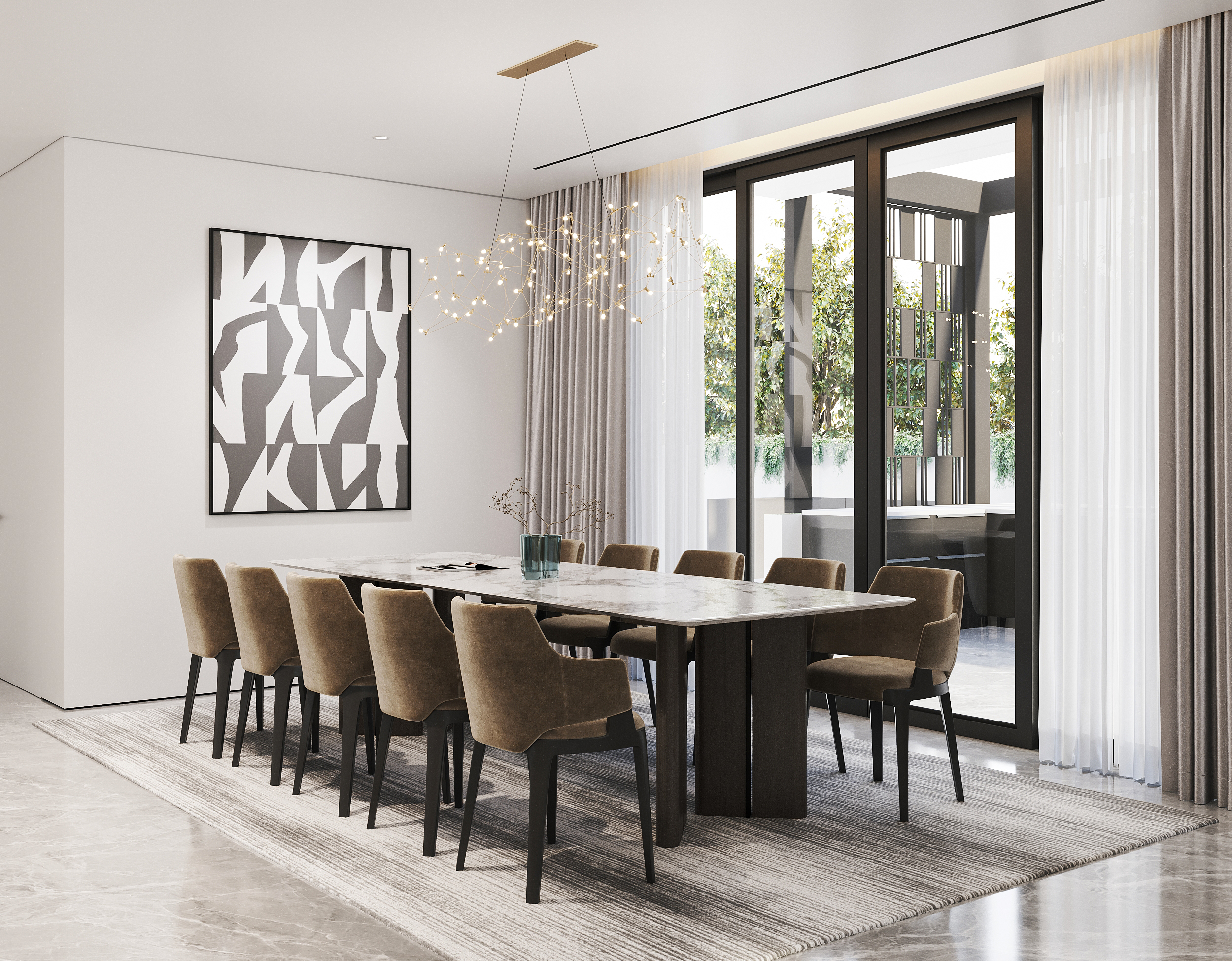 Luxurious outdoor area with a white Corradi Alba Butterfly pergola and modular sofas