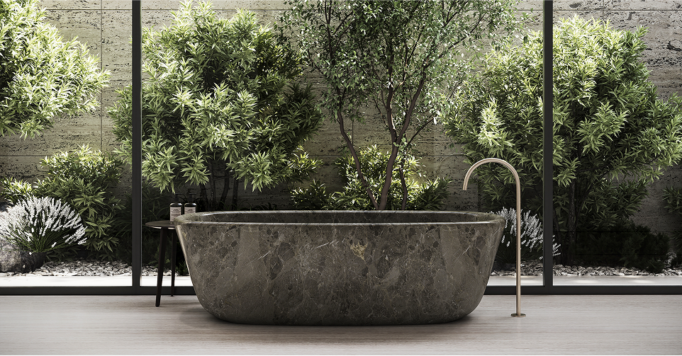 Luxurious living room interior with high ceilings, modern furniture, floor-to-ceiling windows, and a private pool in Al Barari 