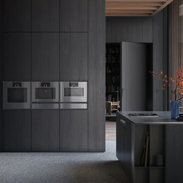 Modernized living room in the minimalist style of Armani Casa featuring luxurious materials 