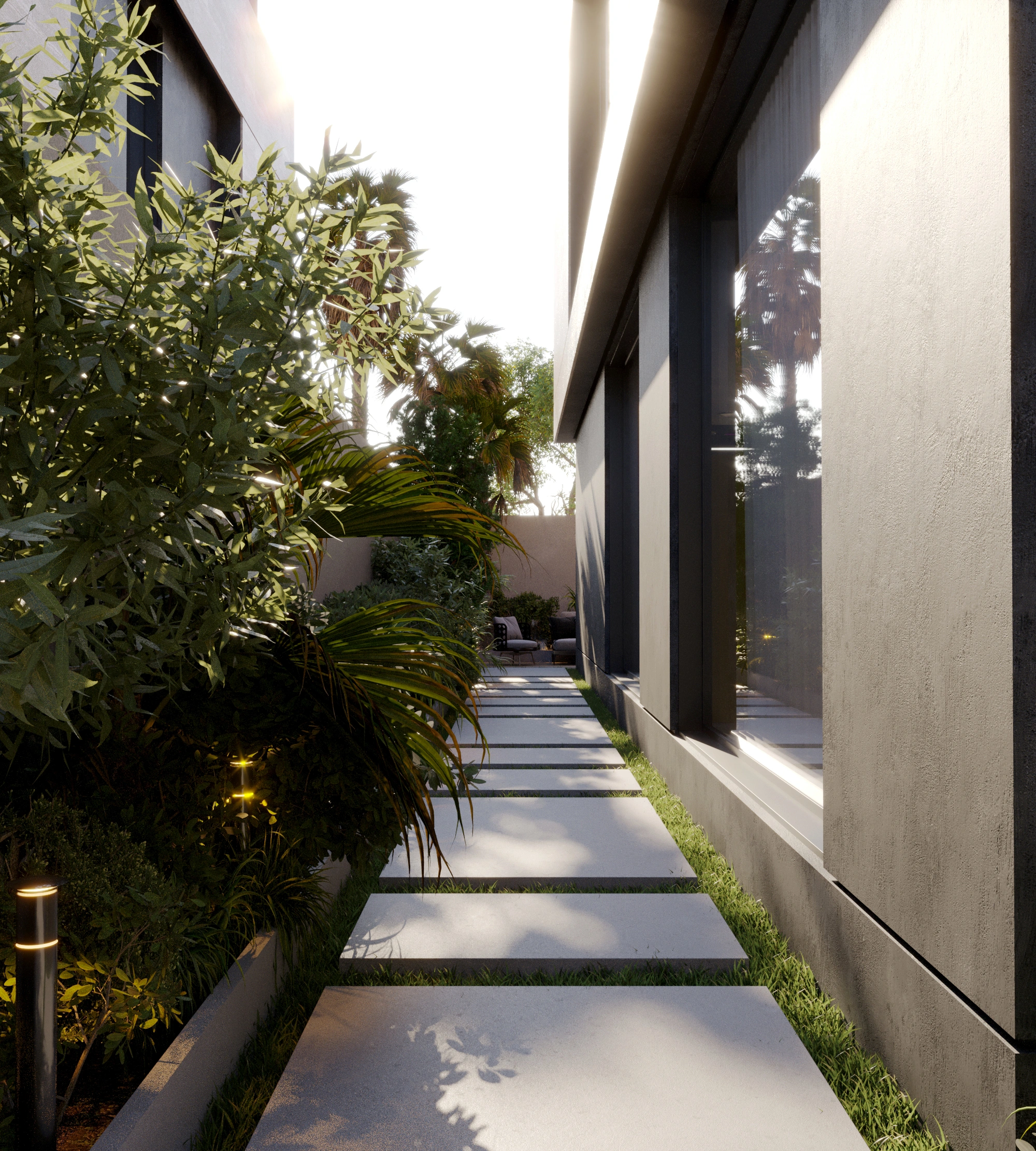 Modern entryway with a round backlit mirror, console table, and metallic sculpture against a textured stone wal