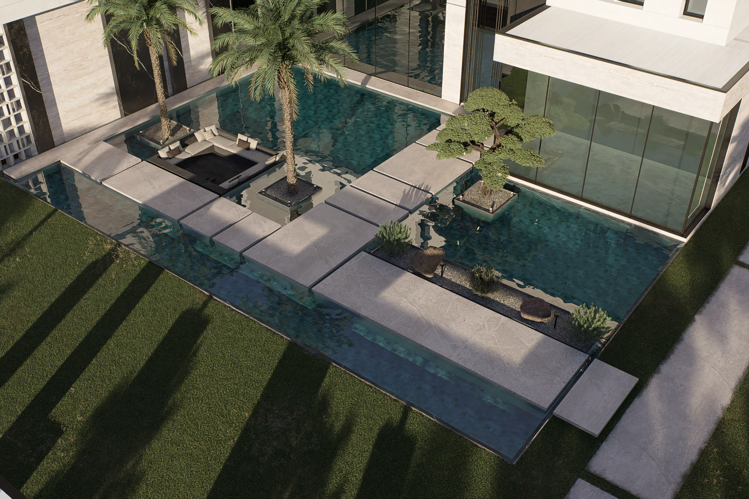 Modern luxury dining area interior with a marble dining table, elegant settings, and floor-to-ceiling windows