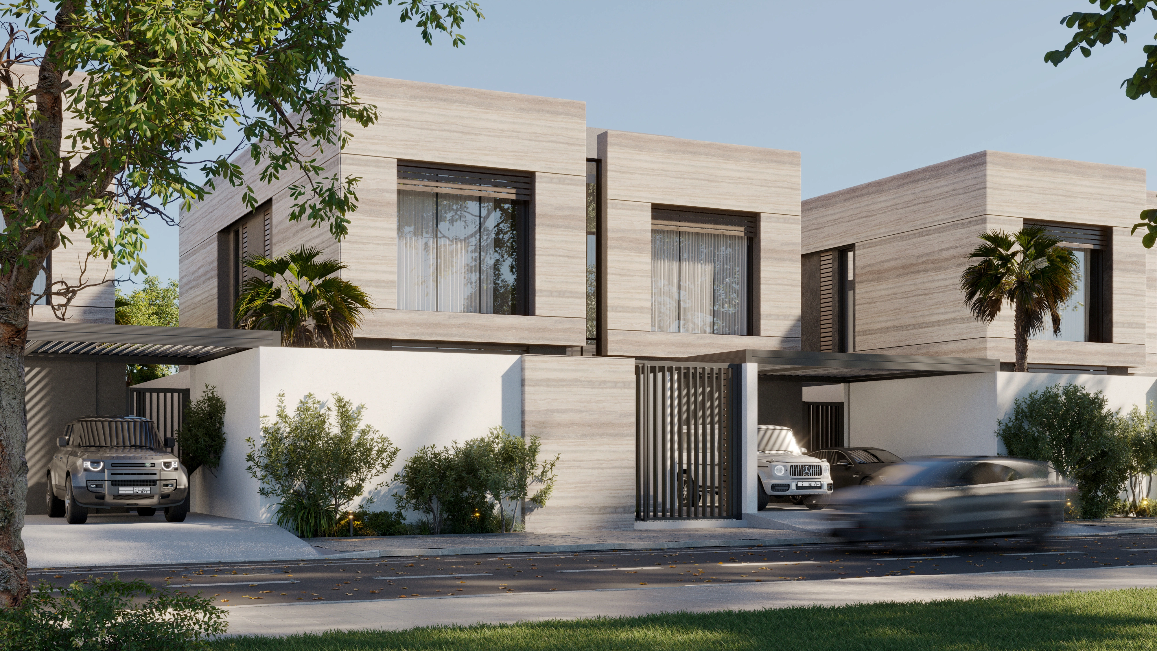 Modern entryway with a round backlit mirror, console table, and metallic sculpture against a textured stone wal