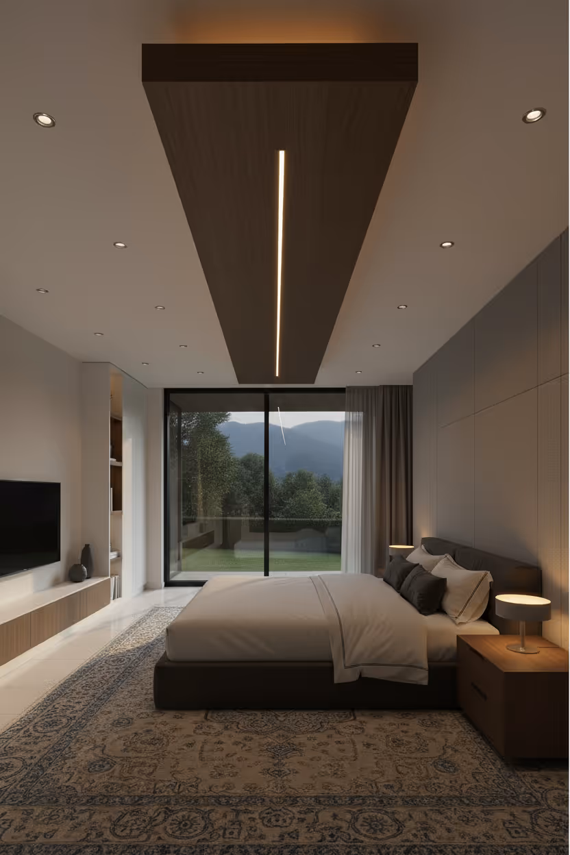 Modern villa entrance with minimalist architecture large glass panels, natural stone cladding, and a narrow water feature flanking a concrete pathway and a bonsai tree