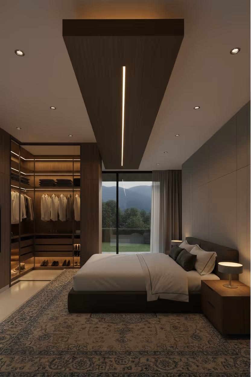 Modern villa entrance with minimalist architecture large glass panels, natural stone cladding, and a narrow water feature flanking a concrete pathway and a bonsai tree