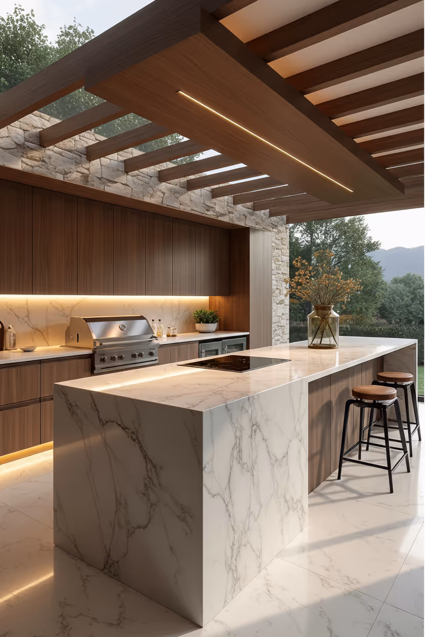 Modern villa entrance with minimalist architecture large glass panels, natural stone cladding, and a narrow water feature flanking a concrete pathway and a bonsai tree