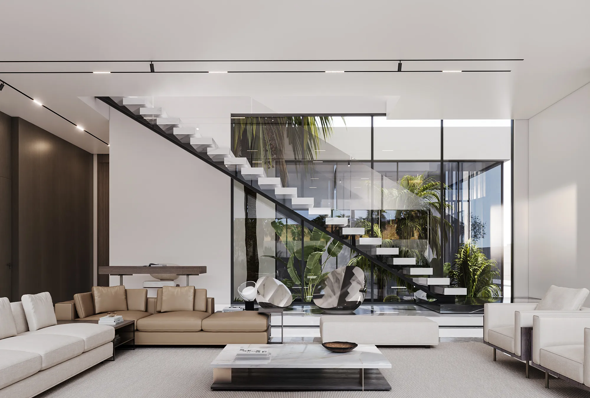 Modern interior design of a luxury bespoke villa with lush water features and fountain