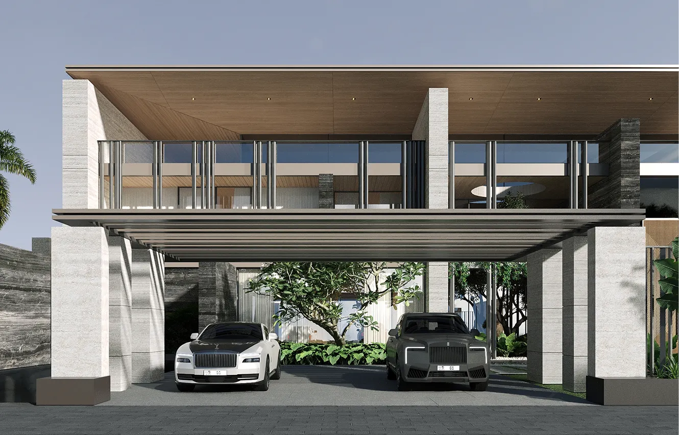 Contemporary living room interior featuring recessed lighting and a unique ceiling fixture.
