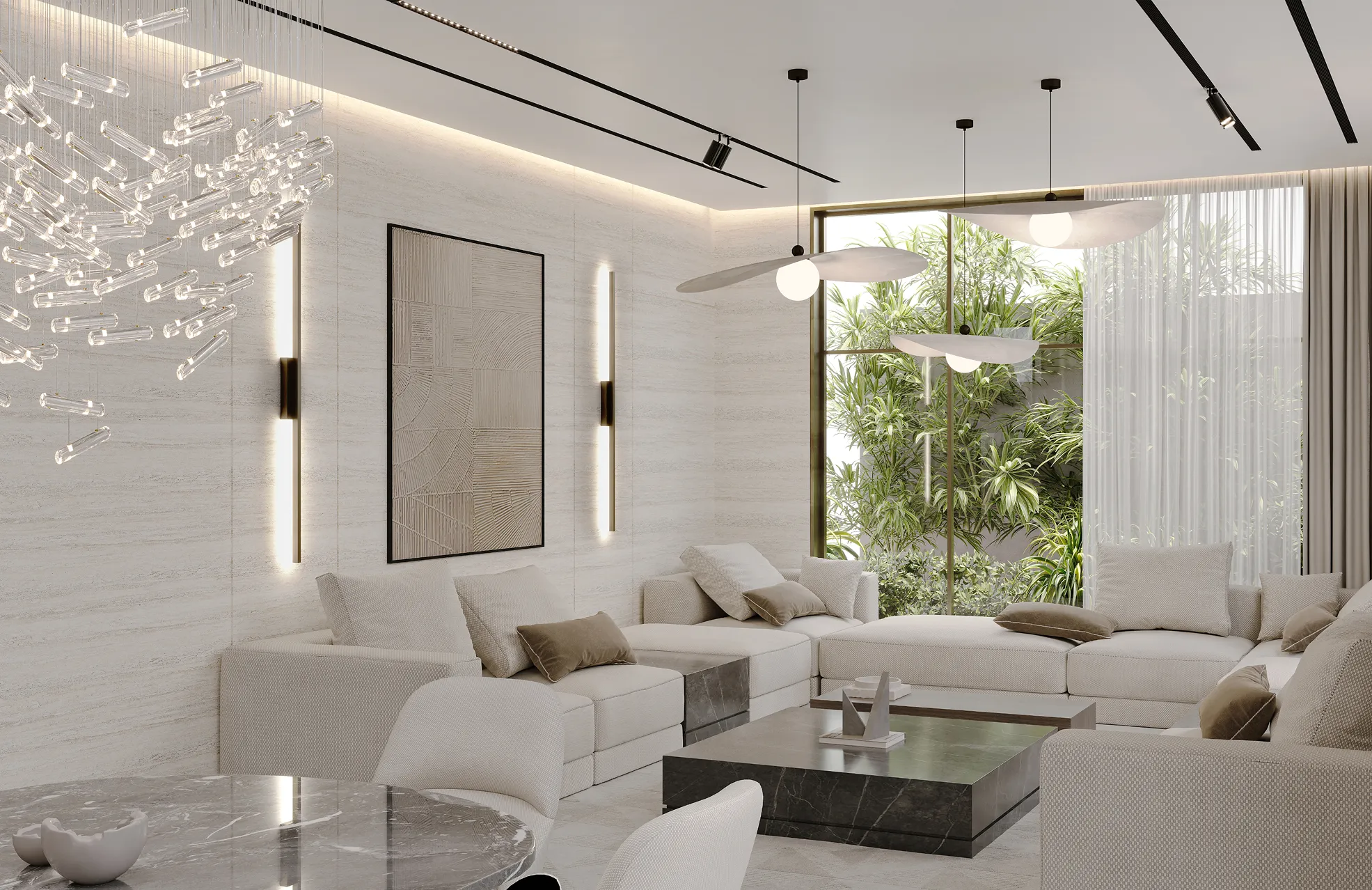 Modern villa entrance with minimalist architecture large glass panels, natural stone cladding, and a narrow water feature flanking a concrete pathway and a bonsai tree