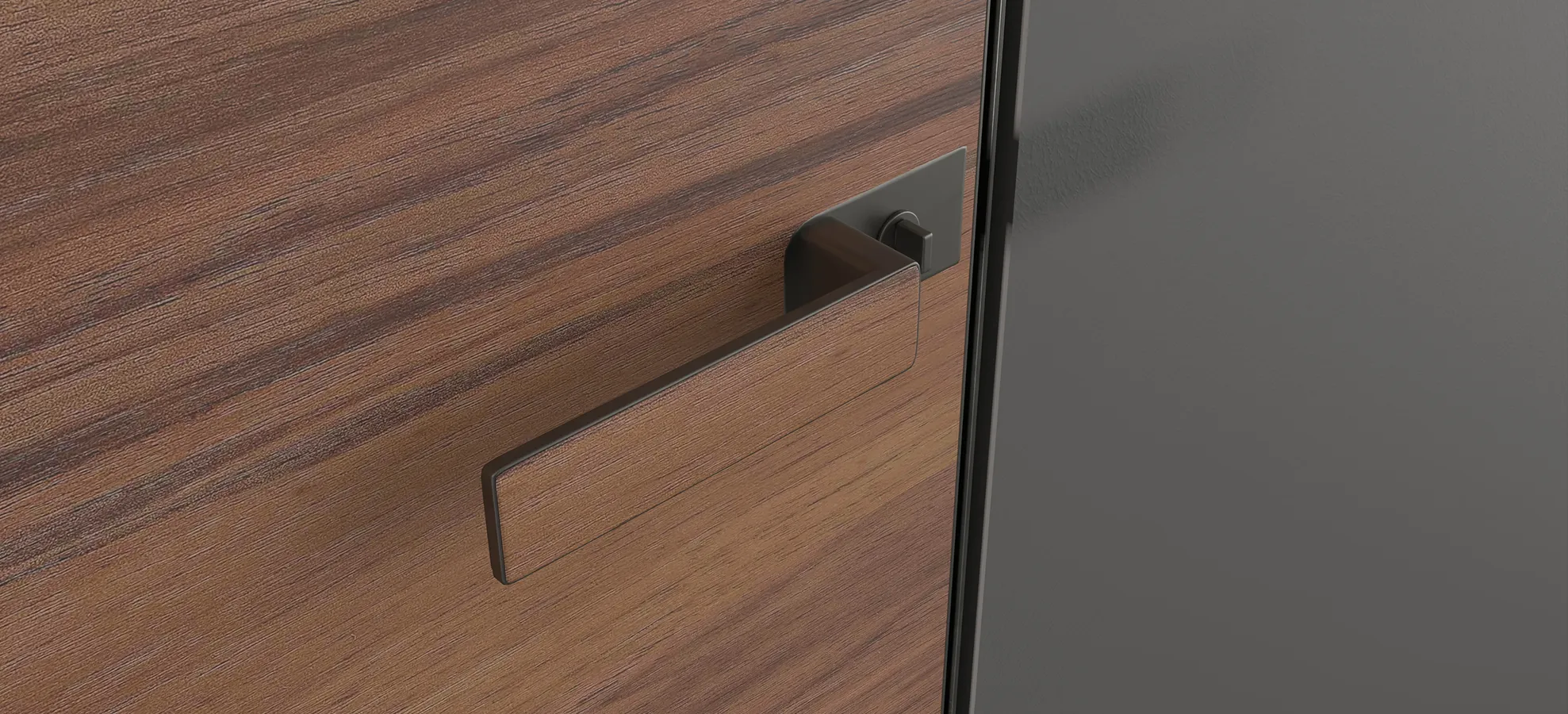 Modern villa entrance with minimalist architecture large glass panels, natural stone cladding, and a narrow water feature flanking a concrete pathway and a bonsai tree