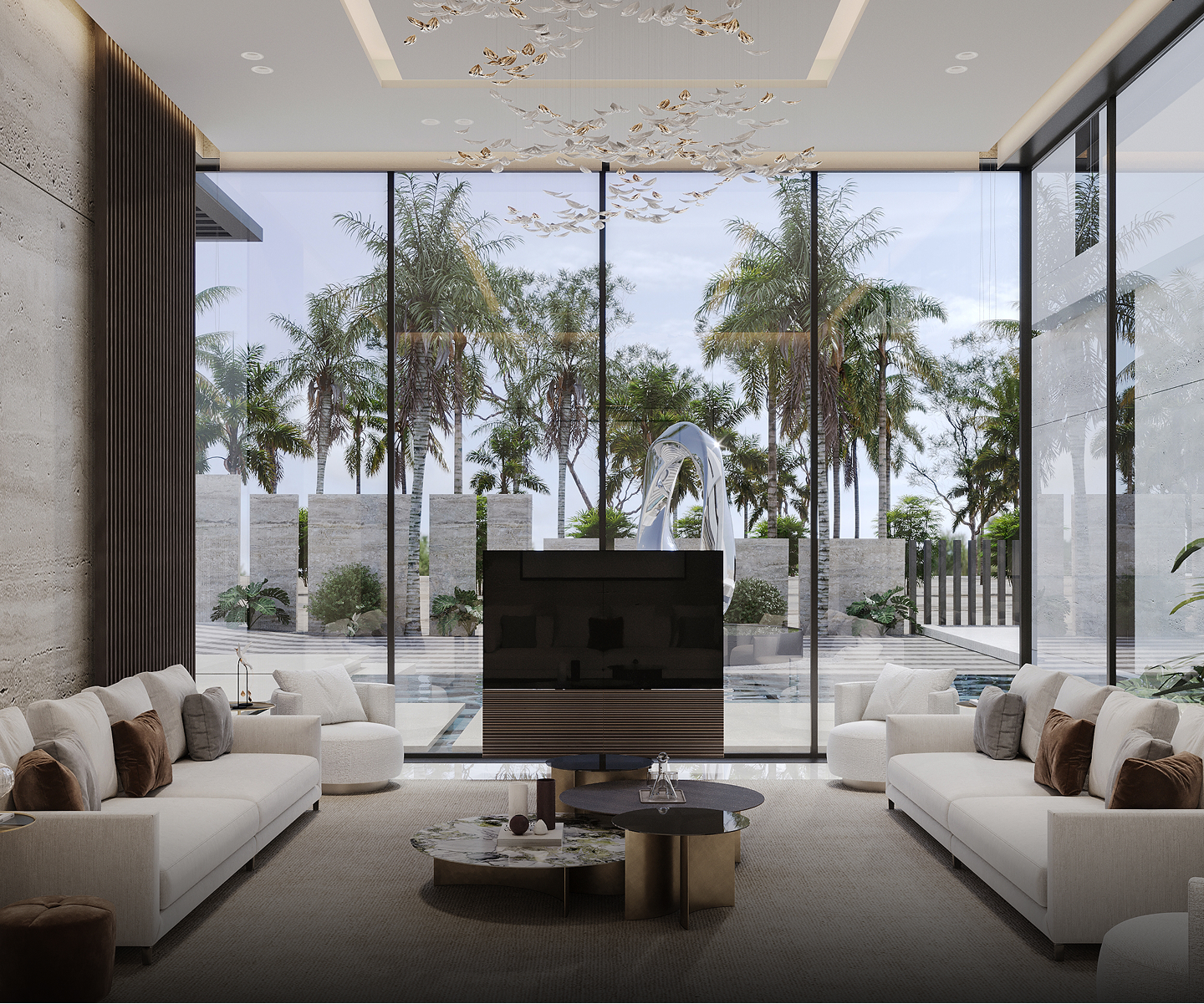 Luxury interior design with modular seating and floor-to-ceiling windows.