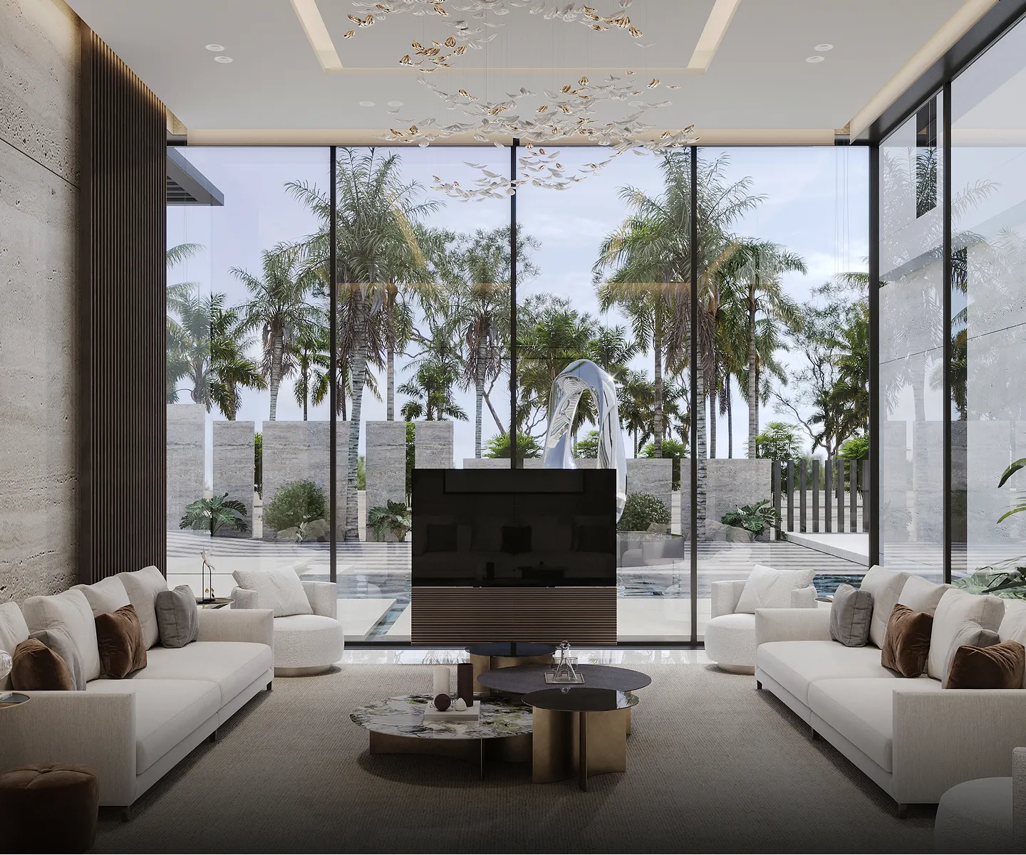 Luxury interior design with modular seating and floor-to-ceiling windows.
