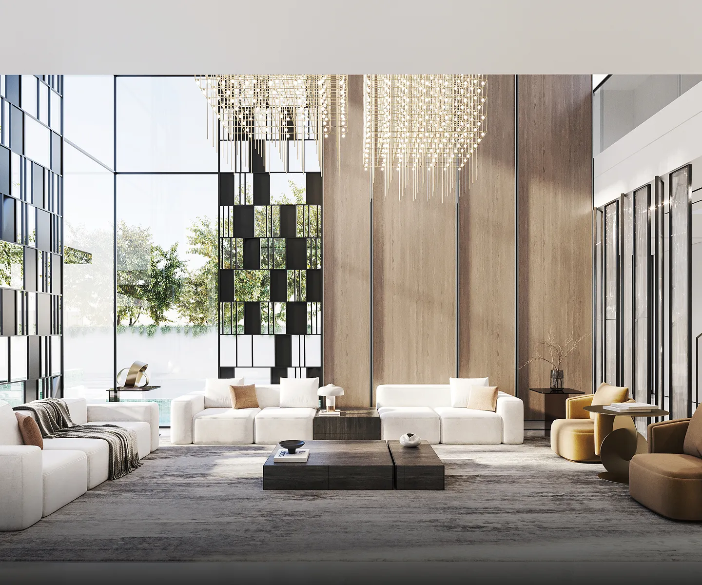 Minimalist living room interior design with floor-to-ceiling windows.