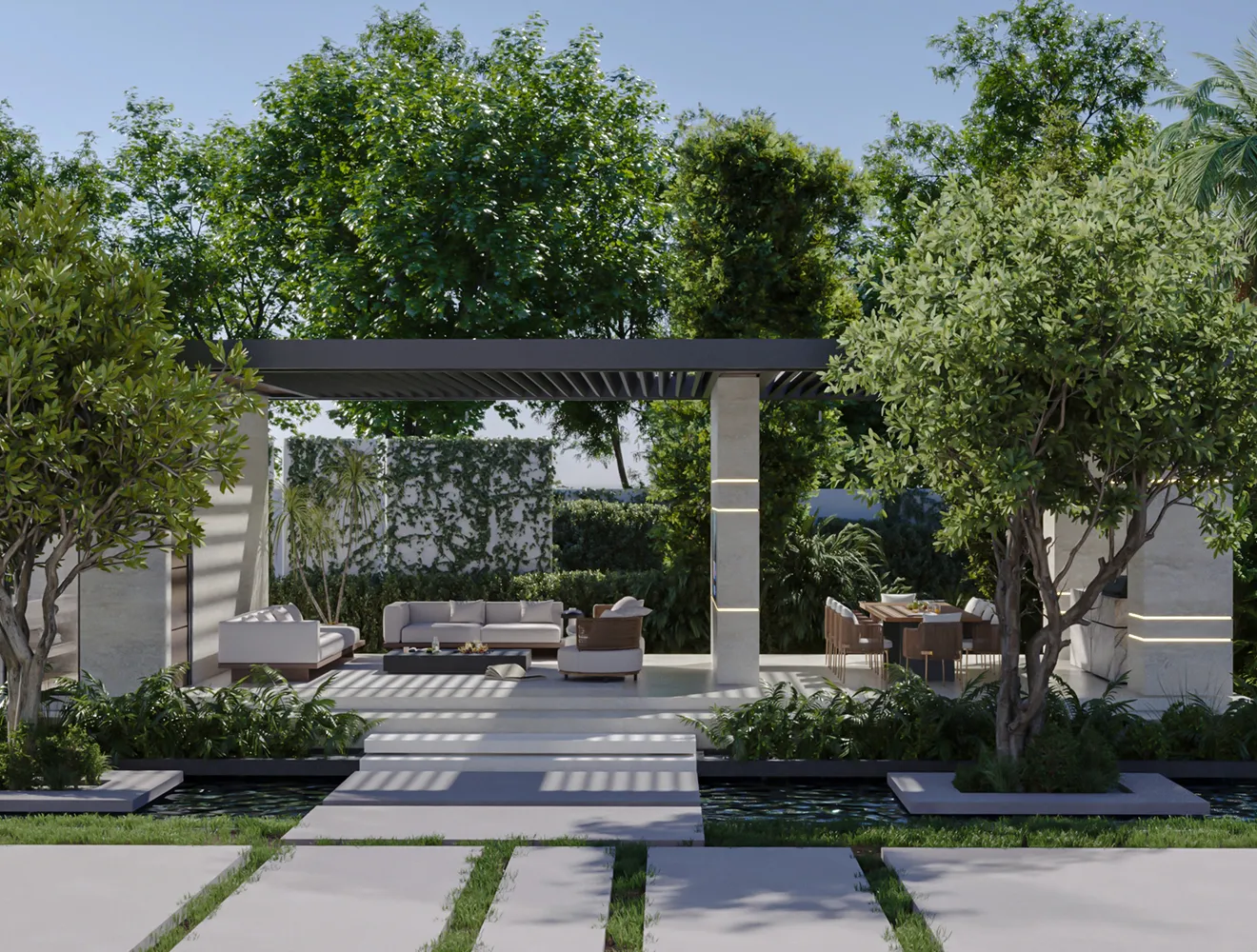 Corten steel pergola in a luxury villa in Dubai.