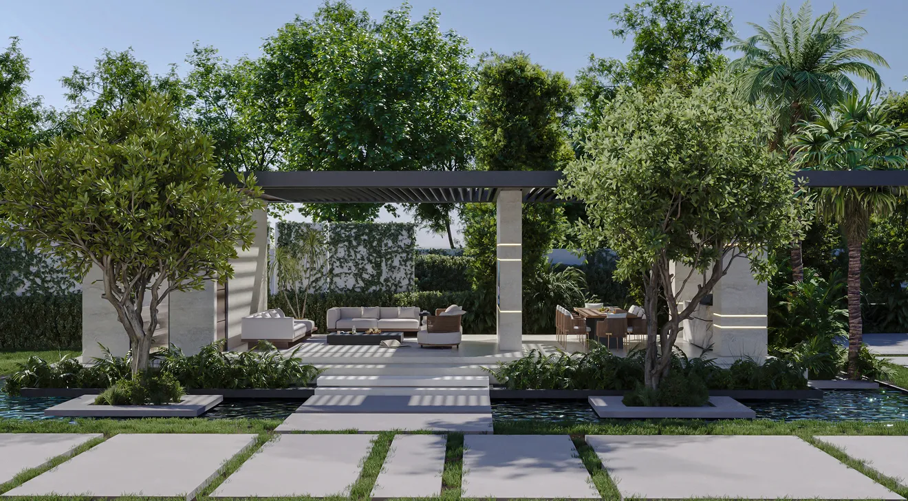 Modern villa entrance with minimalist architecture large glass panels, natural stone cladding, and a narrow water feature flanking a concrete pathway and a bonsai tree