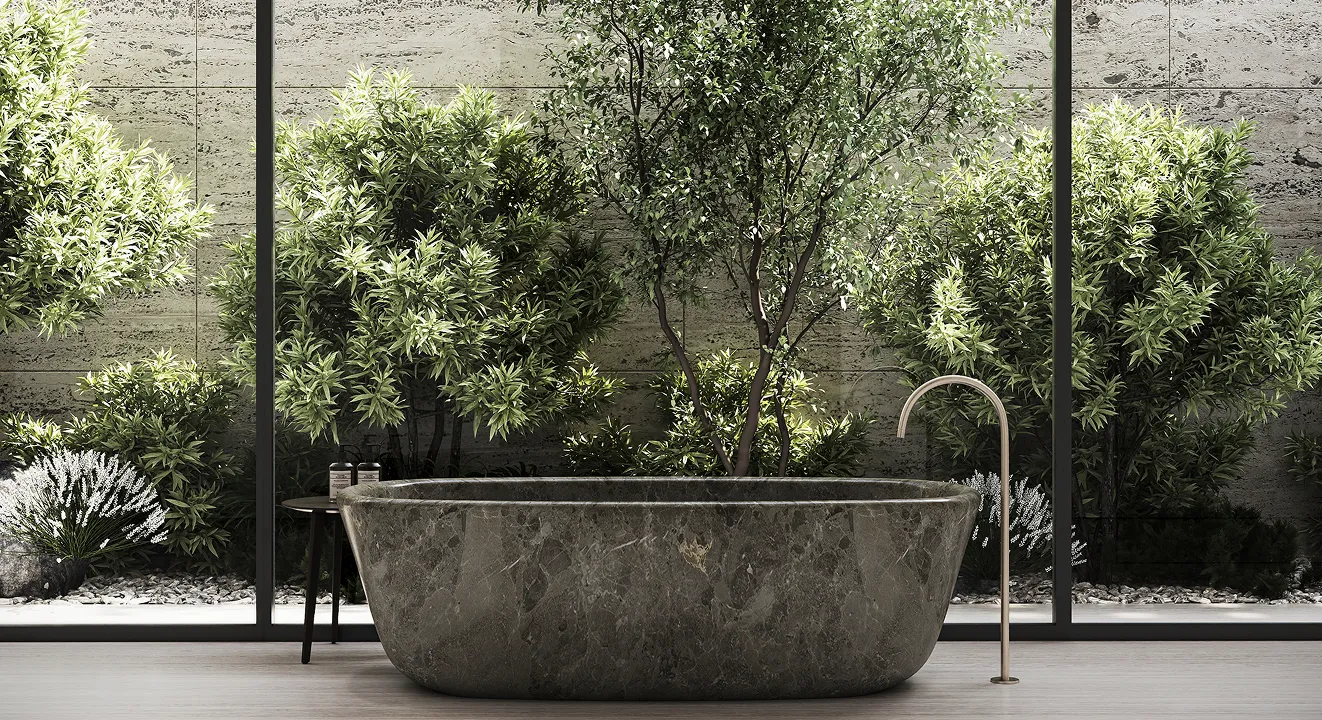 Modern villa entrance with minimalist architecture large glass panels, natural stone cladding, and a narrow water feature flanking a concrete pathway and a bonsai tree