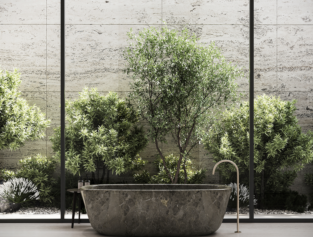 Modern bathroom interior with freestanding marble tub by an interior design company in Dubai.