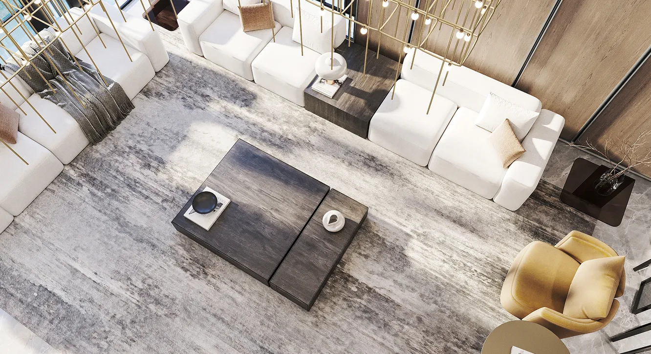 Modern villa entrance with minimalist architecture large glass panels, natural stone cladding, and a narrow water feature flanking a concrete pathway and a bonsai tree