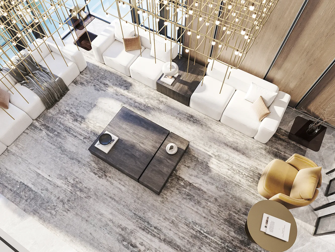 Interior design in a luxury villa featuring a chandelier and modular seating.