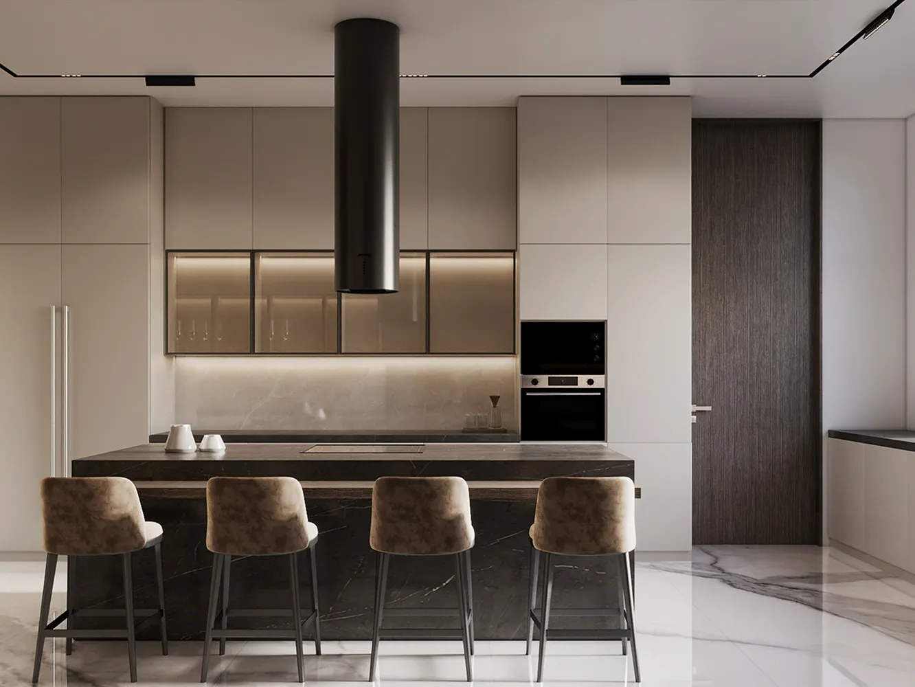Modern kitchen island featuring a granite countertop and wooden cabinetry.