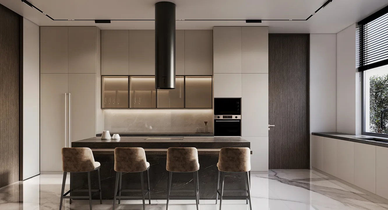 Modern villa entrance with minimalist architecture large glass panels, natural stone cladding, and a narrow water feature flanking a concrete pathway and a bonsai tree