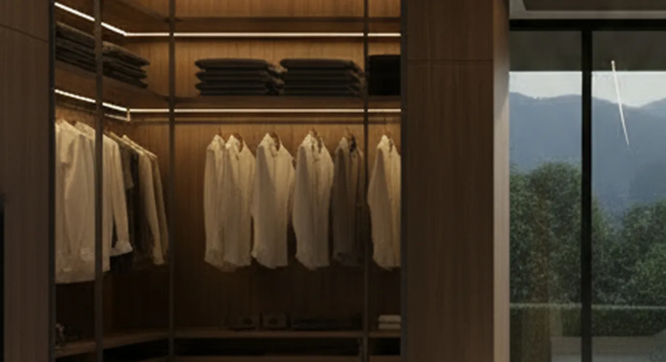 Modern villa entrance with minimalist architecture large glass panels, natural stone cladding, and a narrow water feature flanking a concrete pathway and a bonsai tree