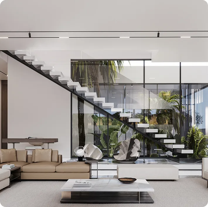 Modern interior design of a luxury bespoke villa with lush water features and fountain