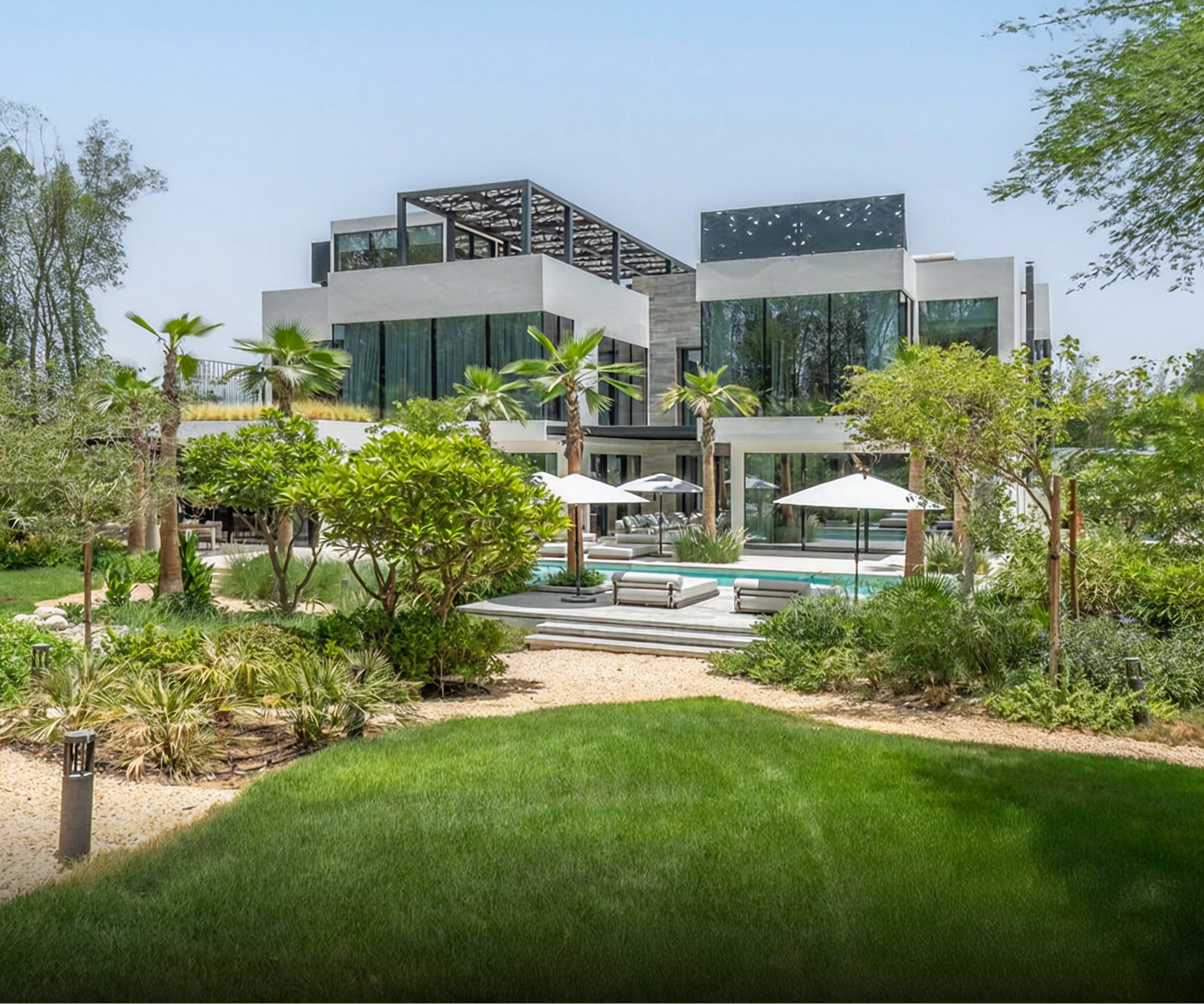 Modern interior design in Dubai featuring floor-to-ceiling windows.