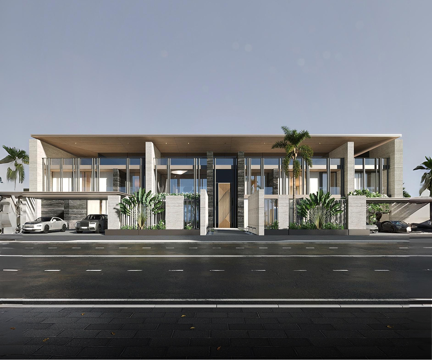 Modern beachfront villa with expansive windows in Abu Dhabi.