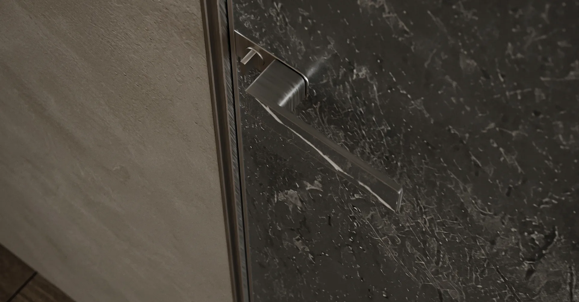 Luxury interior featuring a concealed door with leather finish and wood-paneled wall.