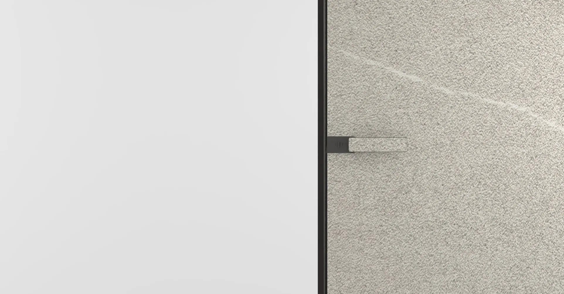 Contemporary room with a hidden ray eclipse wood-finish door, set into a white wall.