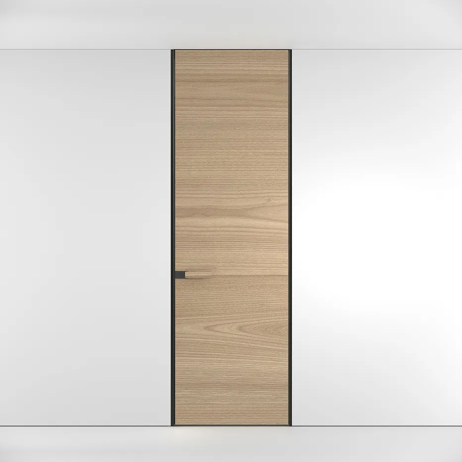 Wood-paneled flush door with subtle handle, integrated into a gray wall.