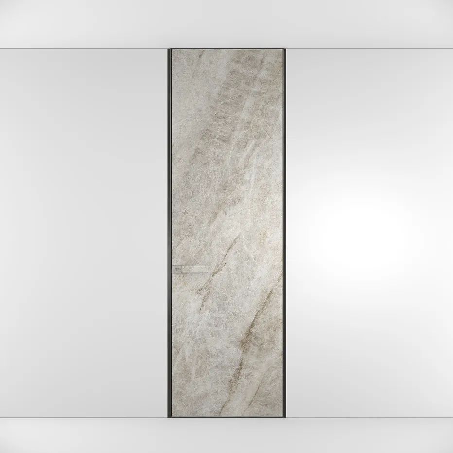 Wood-paneled flush door with subtle handle, integrated into a gray wall.