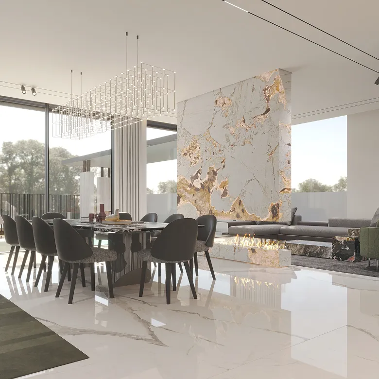 Modern villa interior design in Abu Dhabi featuring a luxurious open-plan living and dining area with marble accents.