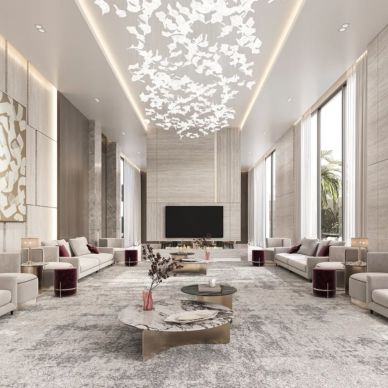 Luxury villa living room in Abu Dhabi showcasing modern interior design, marble accents, and a chandelier.