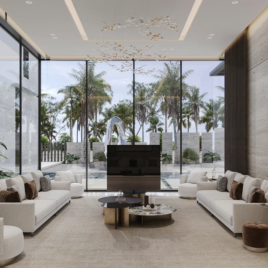 Contemporary living room interior design featuring custom made sofas by rayfitout.