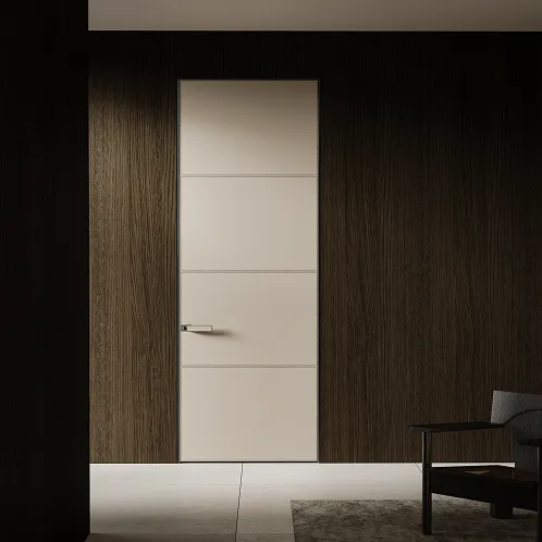 Hidden modern concealed door in a dark wood panelled wall.