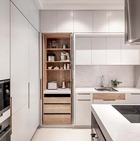 Modern interior design in an office lounge with reflective ceiling and blue seating.