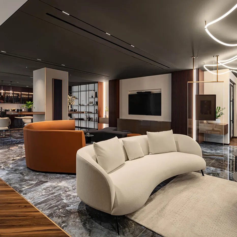 Contemporary high-rise apartment interior with dramatic ceiling design by Rayfitout in Dubai.