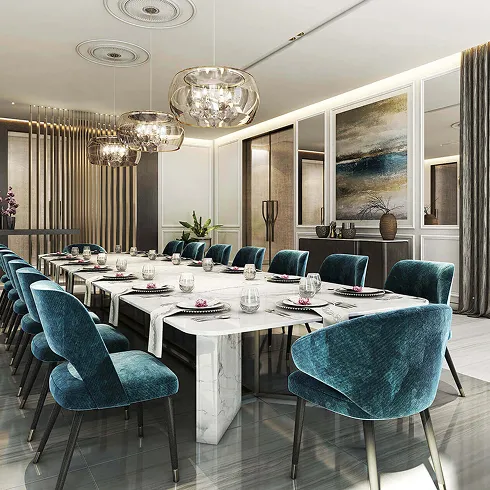 Modern dining room interior design featuring bespoke joinery by Rayfitout.