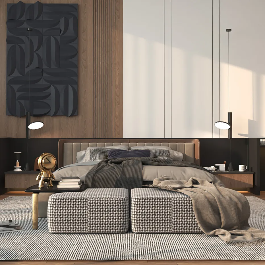 Open-plan modern interior with TV feature wall and multi-shelf bookcase by Rayfitout in Dubai.