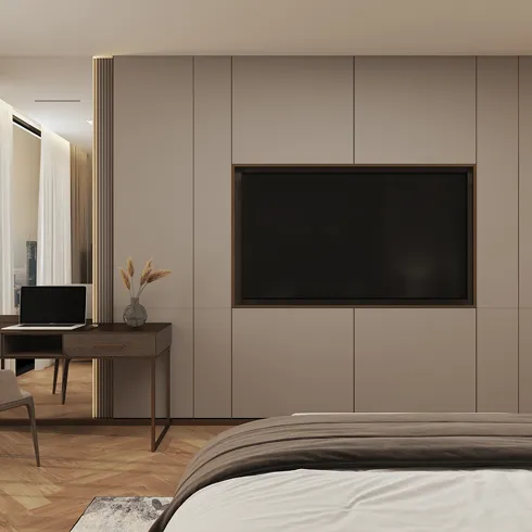 Luxury bedroom interior design featuring abstract wall art in Dubai.