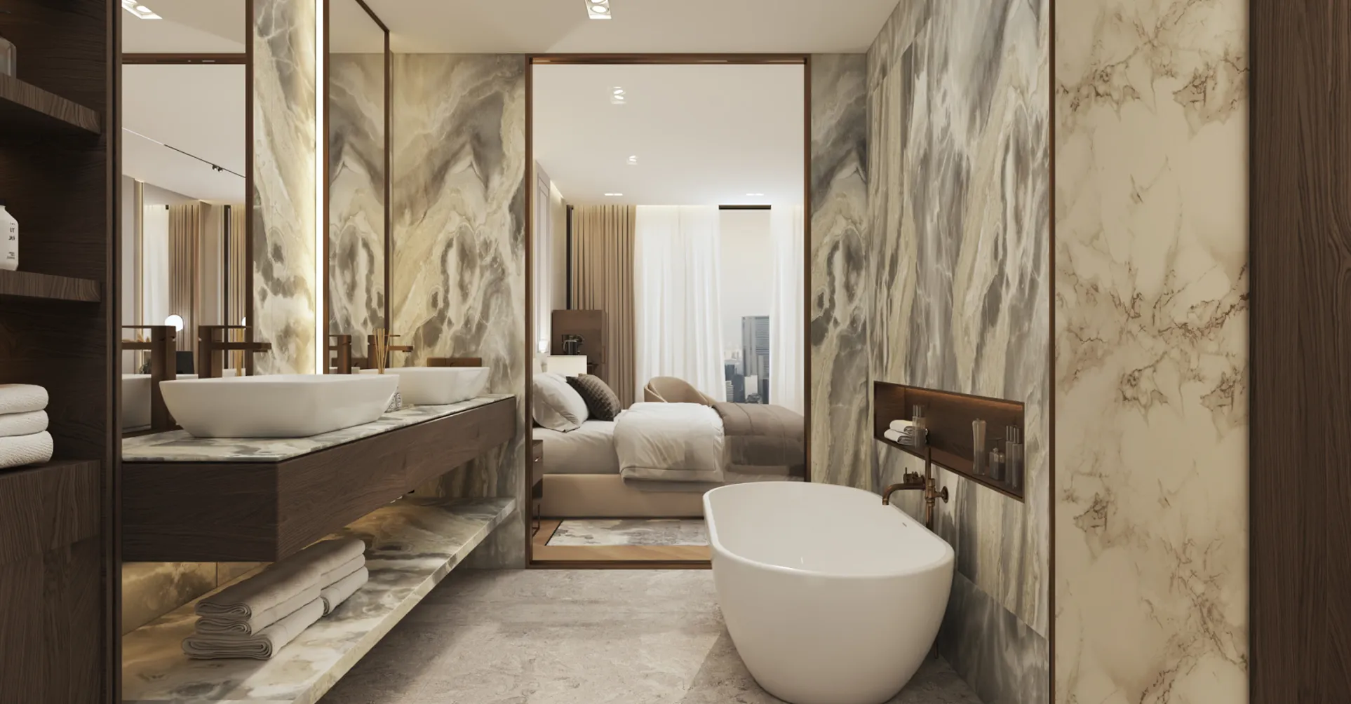 Modern bedroom interior design featuring a media console in wood wood-panelled wall in a luxury villa.