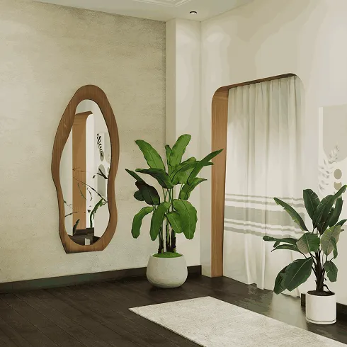 Modern entryway in a luxury villa featuring bespoke interior design and indoor plants.
