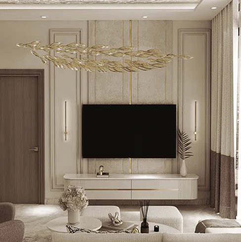 Luxury living room interior design featuring a chandelier and wall-mounted TV in a modern villa.