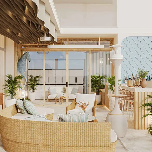 Contemporary living room interior design featuring bespoke ceiling design by Rayfitout.