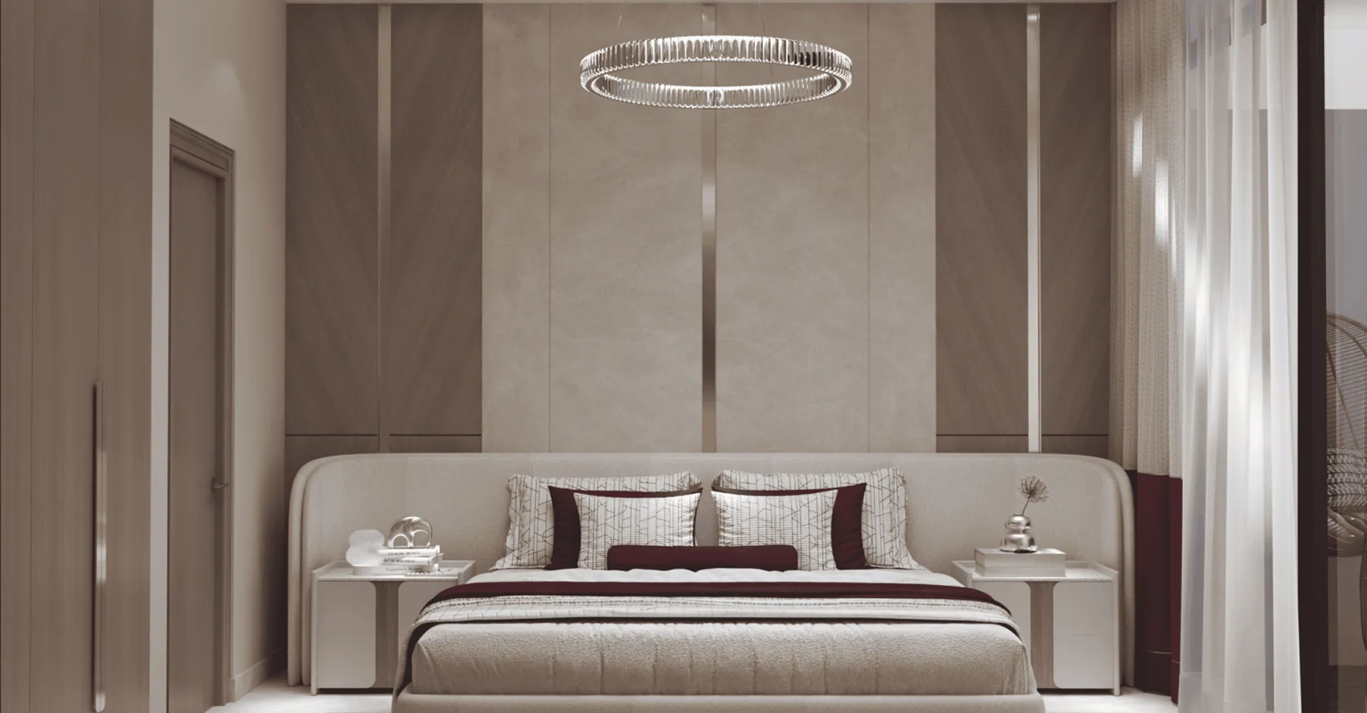 Luxury bedroom interior design featuring a crystal chandelier and panelled wall.