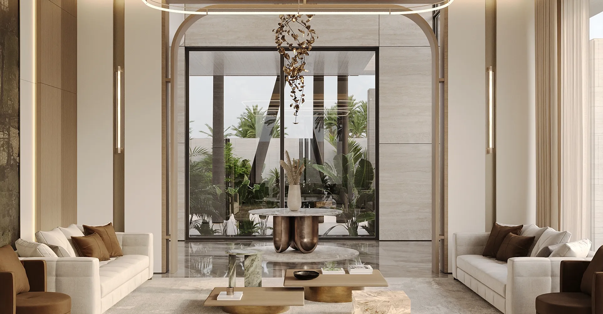 Luxury living room interior design by Rayfitout featuring minimalist design and statement lighting in Dubai.