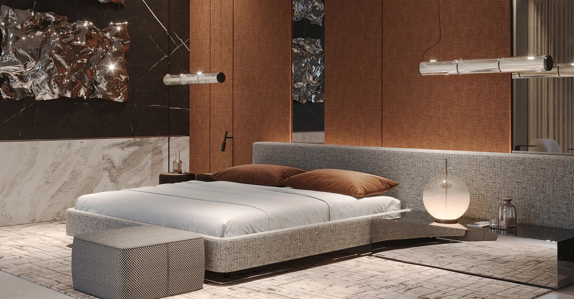 Modern bedroom interior design with decor, globe lamp, and wood-paneled wall.