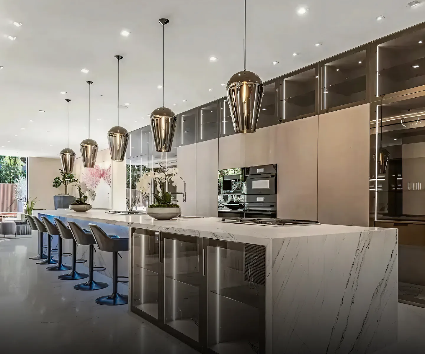 Minimalist living room interior design with floor-to-ceiling windows.