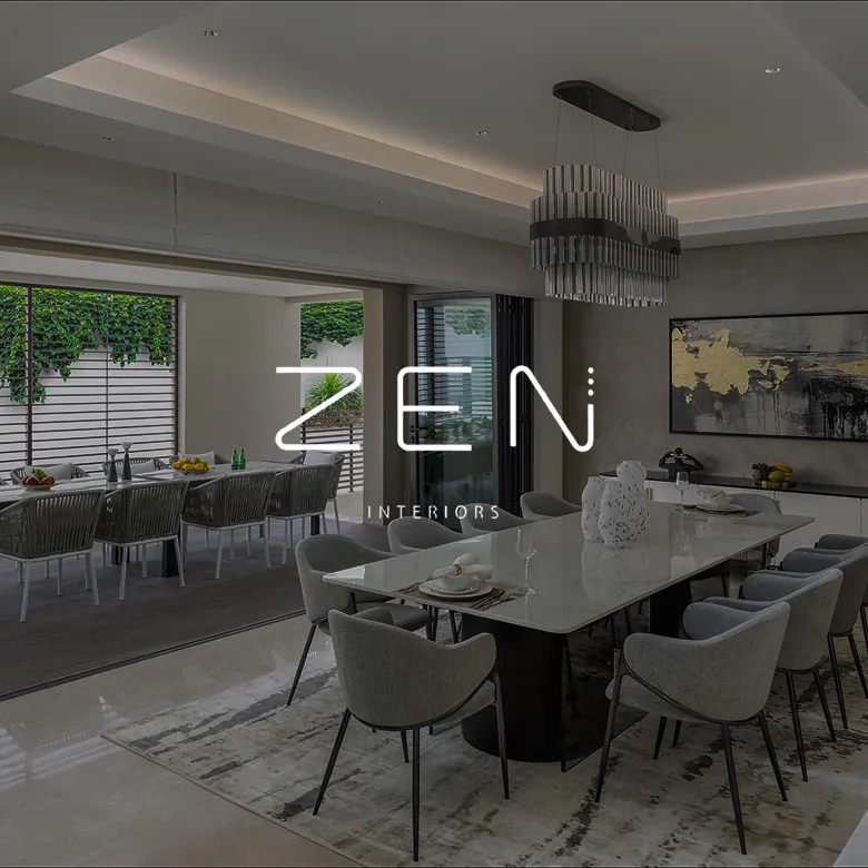 Dubai luxury residence dining interior by Zen Interiors with panoramic sea view.